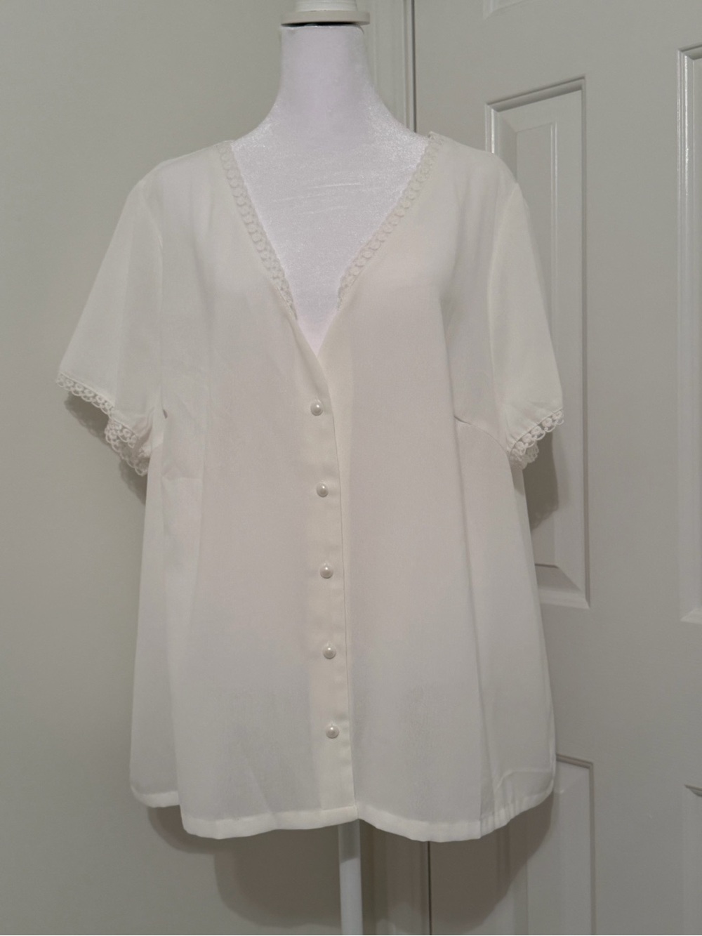 SHEIN White Lace-Trim Pearl Button V-Neck Blouse